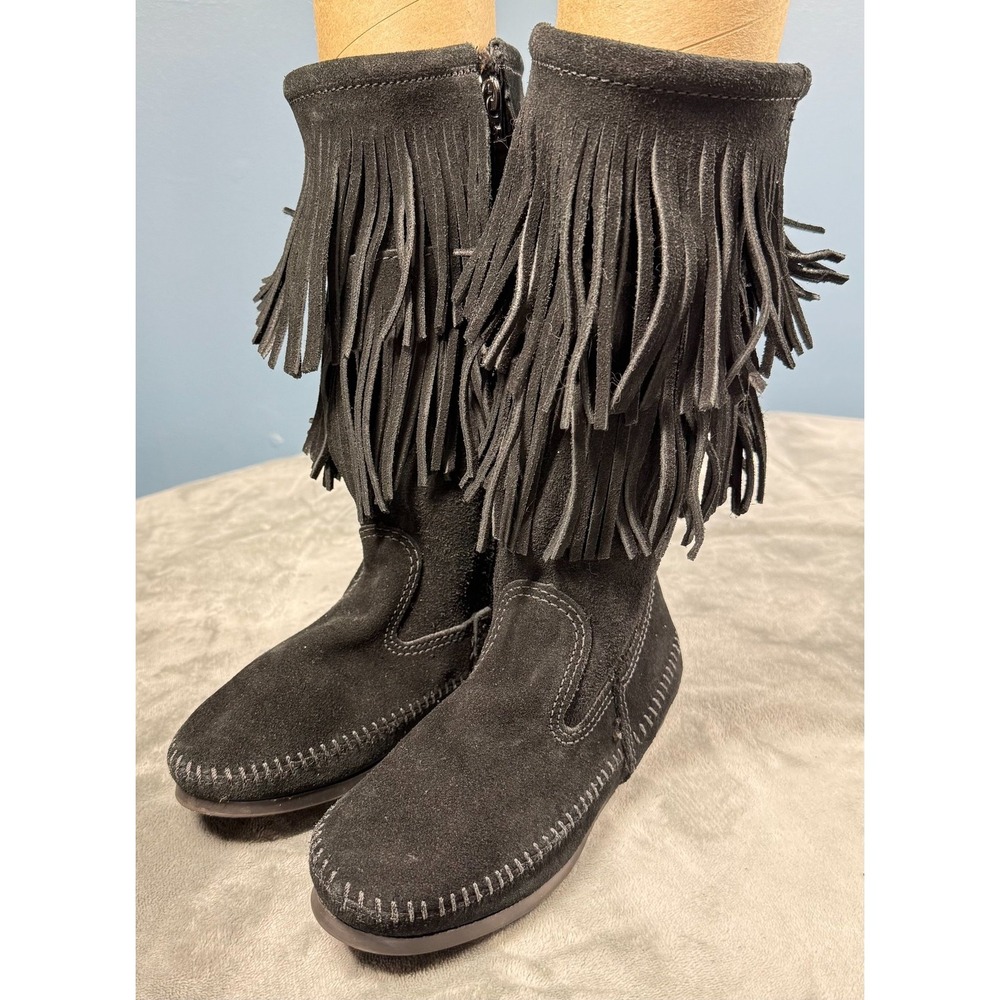 Minnetonka Boots Womens 5 Black Suede Fringe 3 Layer Moccasin Mid Calf